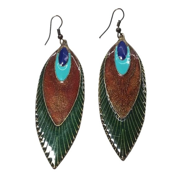 Bohemian Style Long Leaf Drop Earrings With Intricate Design & Colorful Enamel A - Picture 1 of 2
